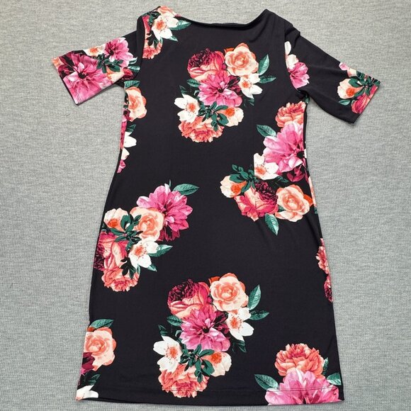 Roz & Ali Womens Black Floral Half Sleeve Dress Boat Neck Knee Length Size M - Picture 6 of 15